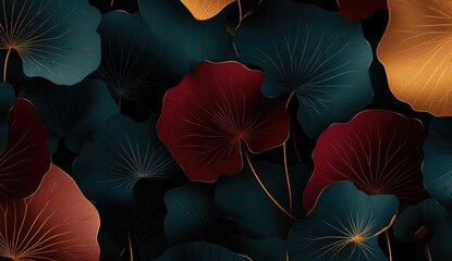 Dark, vibrant lotus leaves in rich jewel tones create a luxurious, intricate pattern