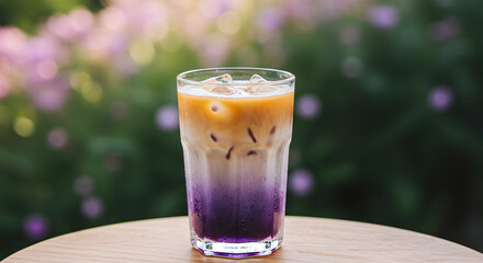 Iced Coffee With Violet Syrup on Table Against Floral Background