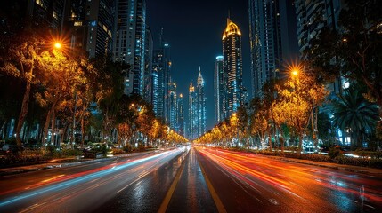 Obraz premium Night street with motion blurred traffic and high rise buildings
