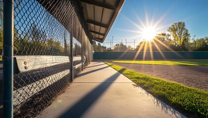 Sunny morning at a baseball dugout.