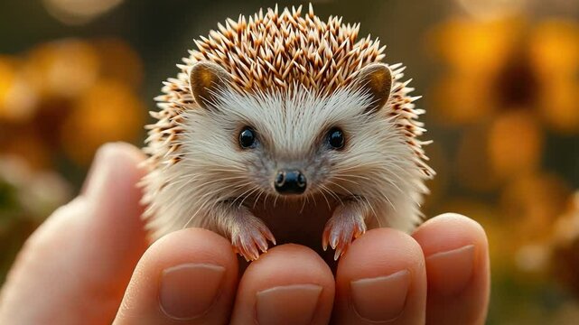 A Tiny Companion in a Gentle Embrace: A close-up shot of a cute hedgehog nestled snugly in a person's outstretched hand, captured with a shallow depth of field.