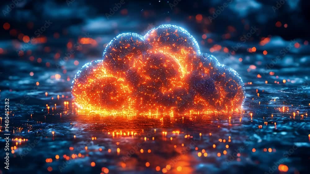 Poster a luminous cloud created from a multitude of orange particles against a dark sky with haze and spark
