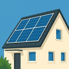 Blue solar panels on a house roof capture sun energy for clean photovoltaic electricity, an alternative environmental technology