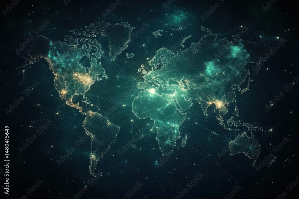 Poster global network visualization of world map with connected dots and lines in dark teal and gold tones 