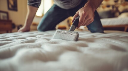 Obraz premium Man Cleaning Mattress with a Brush, Close-up View