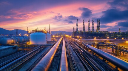Illuminated industrial plant with pipelines at twilight featuring colorful sky