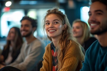 A diverse group of young professionals attend an engaging conference, showcasing their excitement and eagerness to learn and connect.