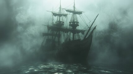 Old galleon ship sailing through a misty sea. Ghost ship in the fog. Pirate ship sailing in the night. Concept for danger, horror, mystery and adventure themes.