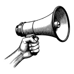 Hand Holding Megaphone Black and White Outline Line Art Drawing Vector Illustration Isolated