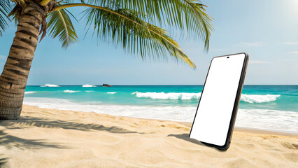 A modern Smartphone with a blank white screen stands upright in the sand of a tropical beach & volcano In the background, gently crash on the shore under a clear blue sky.