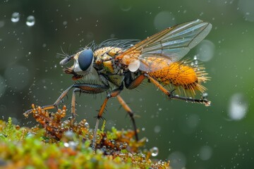 Naklejka premium Close-up view of a vibrant insect with detailed wings exploring a dew-covered surface in a forest setting during early morning