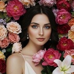 Elegant portrait of a woman surrounded by blooming flowers in a floral paradise