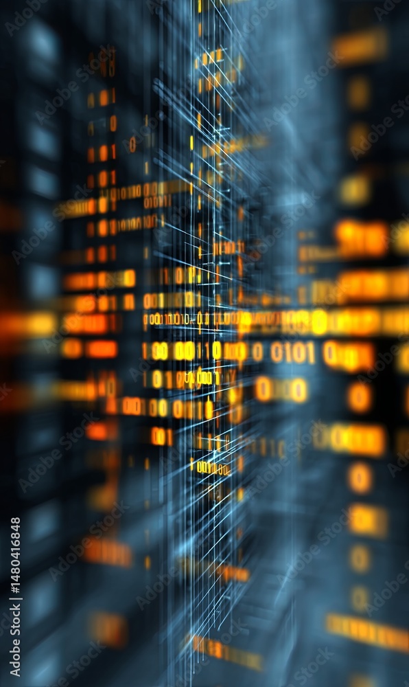 Poster abstract digital design with glowing lines and binary codes