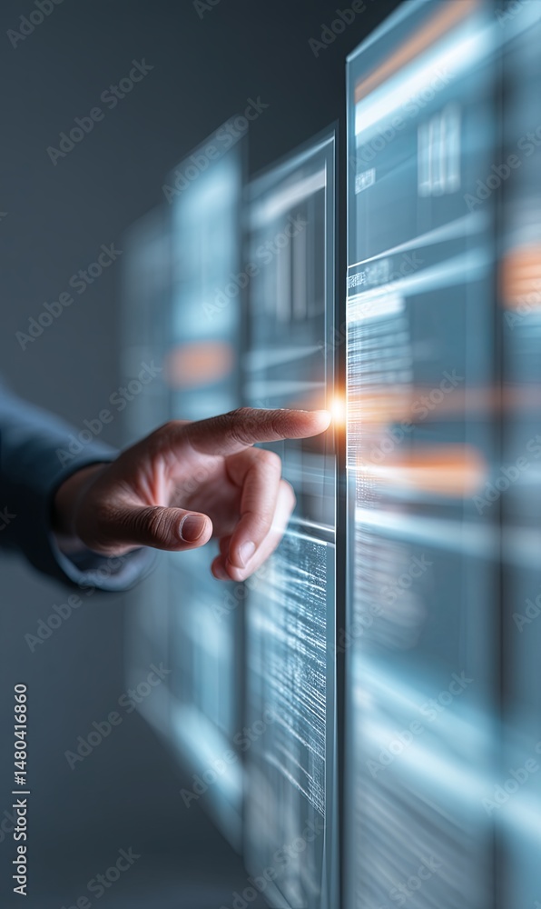 Poster touching the digital interface at a modern tech workspace