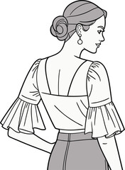Back and front view fashion illustration of stylish ruffled blouse