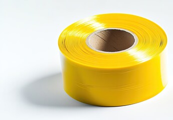 Rolled, bright yellow, flexible plastic tape.  A cylindrical roll of vibrant yellow plastic sheeting.  The tape appears smooth and shiny.  A light-brown cardboard core is visible within the roll