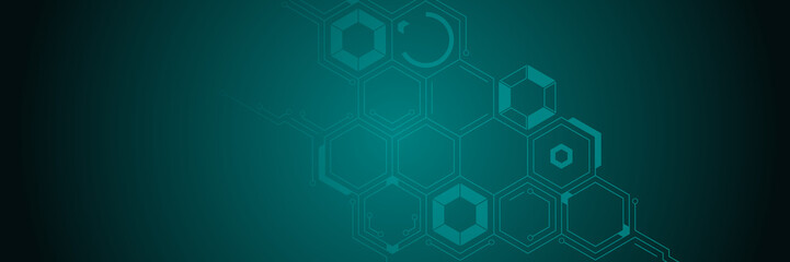 Diagonal circuit structure with data flow feel. Hexagon pattern with circuit-like connections. Abstract background. Copy space