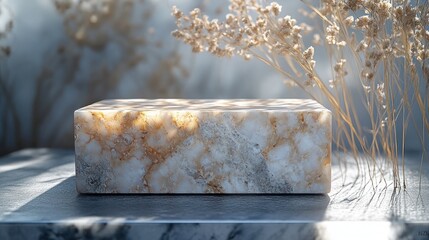 Beige marble block display podium