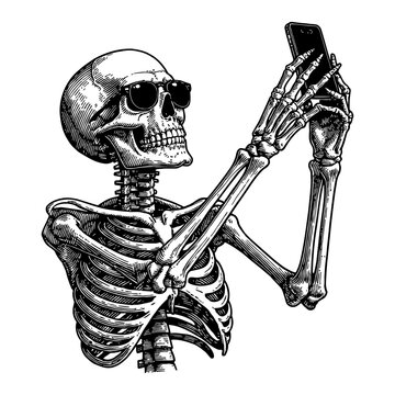 Skeleton Wearing Sunglasses Taking Selfie Using Smartphone Black and White Outline Line Art Drawing