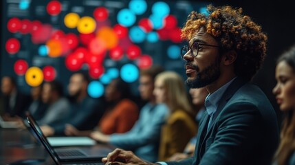 Focused Professional in Meeting with Data Visualizations in Background