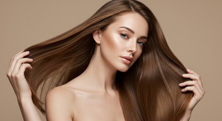 Fototapeta premium Elegant portrait of a woman with long brown hair highlighting beauty and care