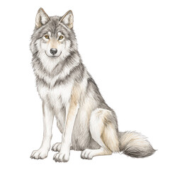 Fototapeta premium A beautiful gray wolf with yellow eyes sits calmly isolated on white background.