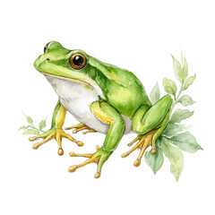 Green frog rests among leaves in watercolor illustration on white backdrop.