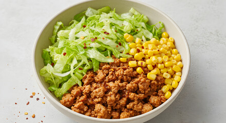Healthy Taco Bowl With Ground Meat Lettuce And Sweet Corn Kernels
