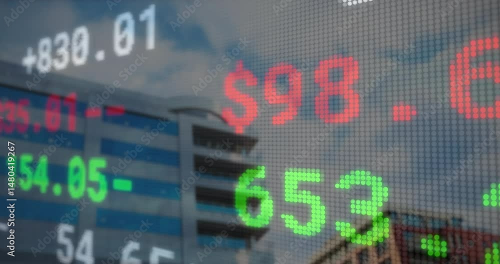 Poster flat design led dot-matrix ticker displaying transparent currency values overlaying building facade