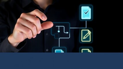 A hand interacting with futuristic workflow interface document and process icons on black background