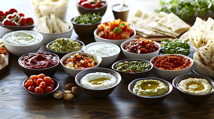 A vibrant spread of various dips and fresh ingredients on a wooden table, ideal for a gathering or culinary event