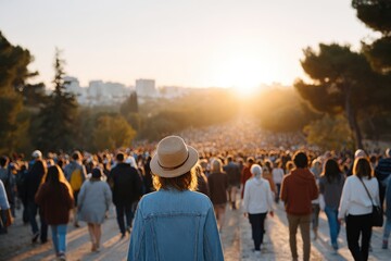 Crowd gathers at sunset on a hillside, embracing a vibrant atmosphere in a lively outdoor event