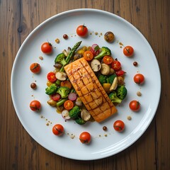 Grilled chicken salad plate, overhead studio shot 