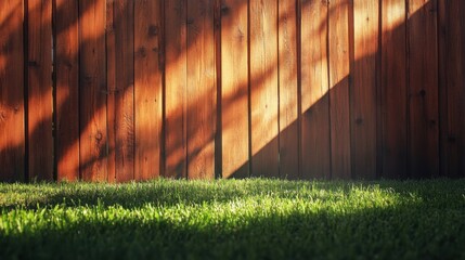 Wooden fence and green grass with sunlight shadows in a backyard low angle shot in the afternoon