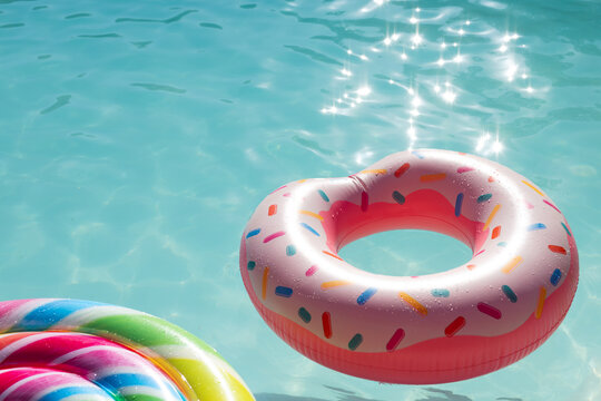 Pink donut-shaped inflatable ring floating in outdoor swimming pool, with sparkling turquoise water