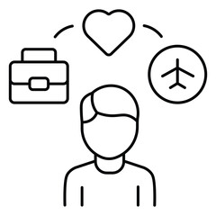 Obraz premium Balanced lifestyle icon vector illustration showing person with heart peace and work symbols in modern minimal line outline design style.