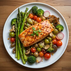 Grilled chicken salad plate, overhead studio shot 