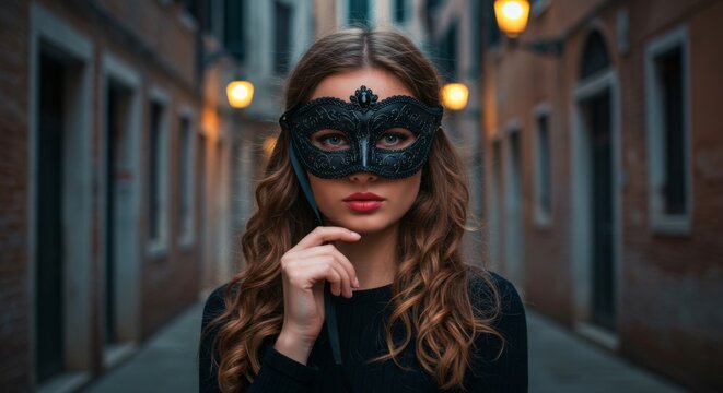 Mysterious woman in elegant mask posing on illuminated street at night