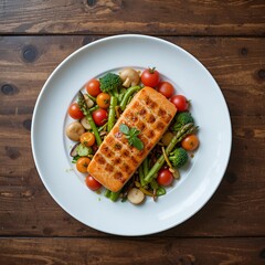 Grilled chicken salad plate, overhead studio shot 
