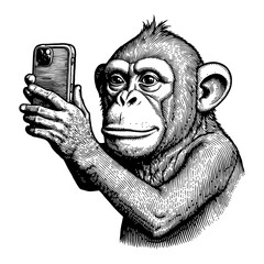Monkey Taking Selfie Using Smartphone Black and White Outline Line Art Drawing Illustration