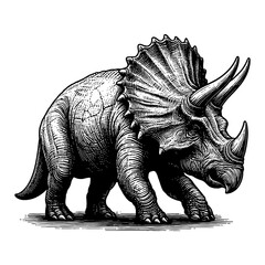 Fototapeta premium Triceratops Side View Full Body Walking in Black and White Outline Line Art Drawing