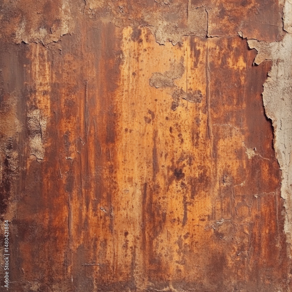 Poster close up of a weathered metal surface with peeling paint and rust creating a textured abstract patte