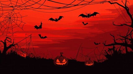 Halloween night background with pumpkins, bats, spider web, and bare trees against a red sky. Spooky vector illustration for Halloween celebration and related themes.