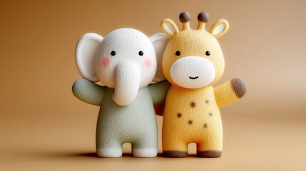 A cute elephant and giraffe plush toy stand together, smiling and hugging in a warm, soft-toned setting.
