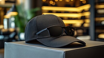 Black baseball cap and sunglasses on display