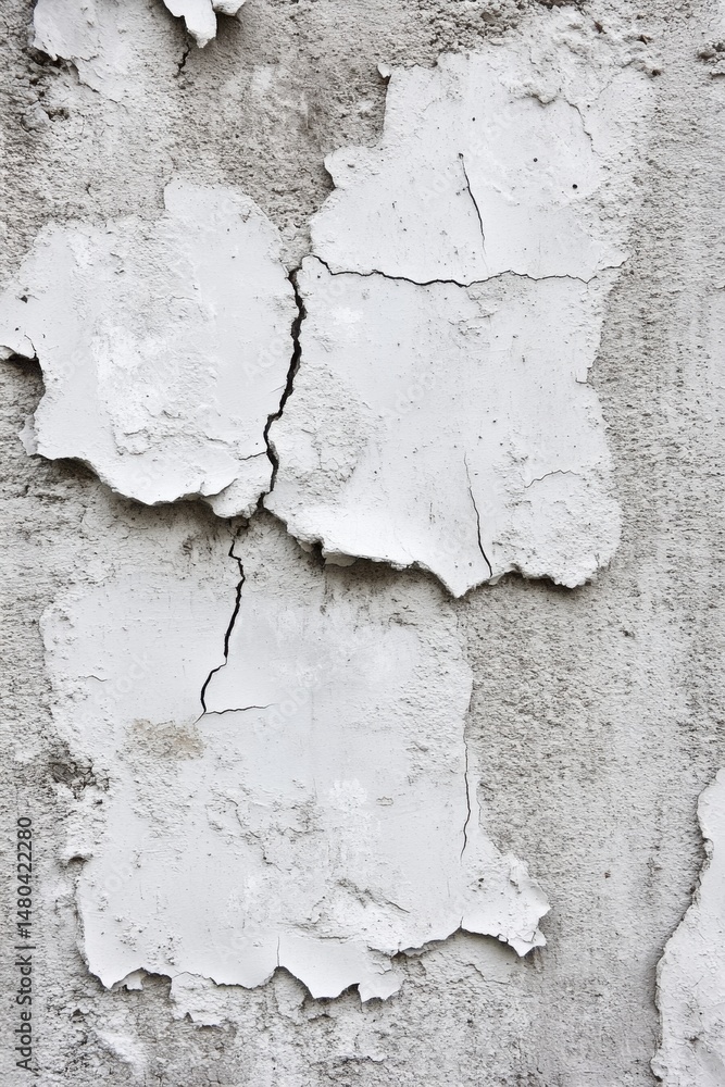 Poster close up of peeling white paint on a concrete wall with cracks creating an abstract pattern grey bac