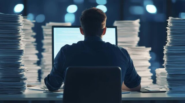 A person works late at a desk surrounded by towering stacks of paperwork and a glowing computer screen in a dim office.