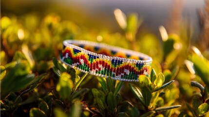 Rainbow beaded bracelet on spring leaves, symbolizing youth hope and diversity in South Africa
