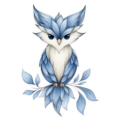 Obraz premium A whical blue owl with big eyes perched on a leafy branch illustration
