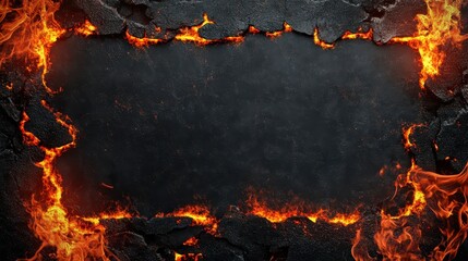 Fiery volcanic rock frame with dark gray center, ideal for text or image placement.